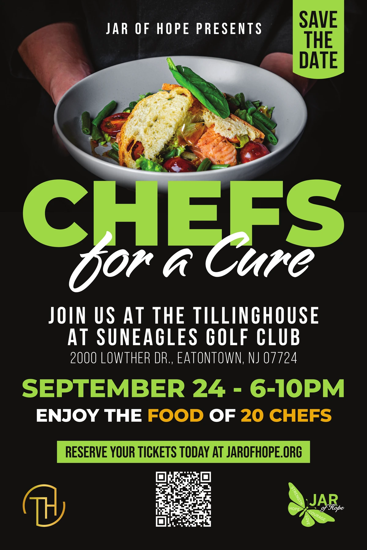 Chefs for a Cure poster. Jar of Hope presents an evening with the food of 20 chefs at TillingHouse at Suneagles Golf Club, 2000 Lowther Dr., Eatontown, NJ, September 24, 6 to 10 PM. Reserve tickets at jarofhope.org.